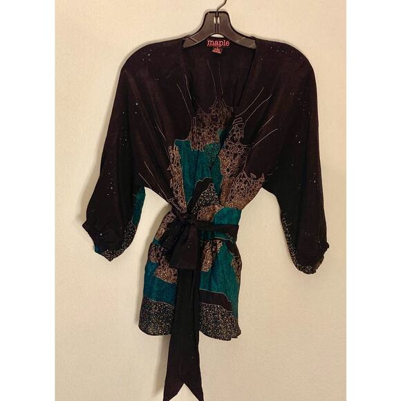 Maple Anthropologie Twilight Navy Aqua Abstract Silk Wrap Blouse ~ Sz 6 ~ Deco - Picture 4 of 8
